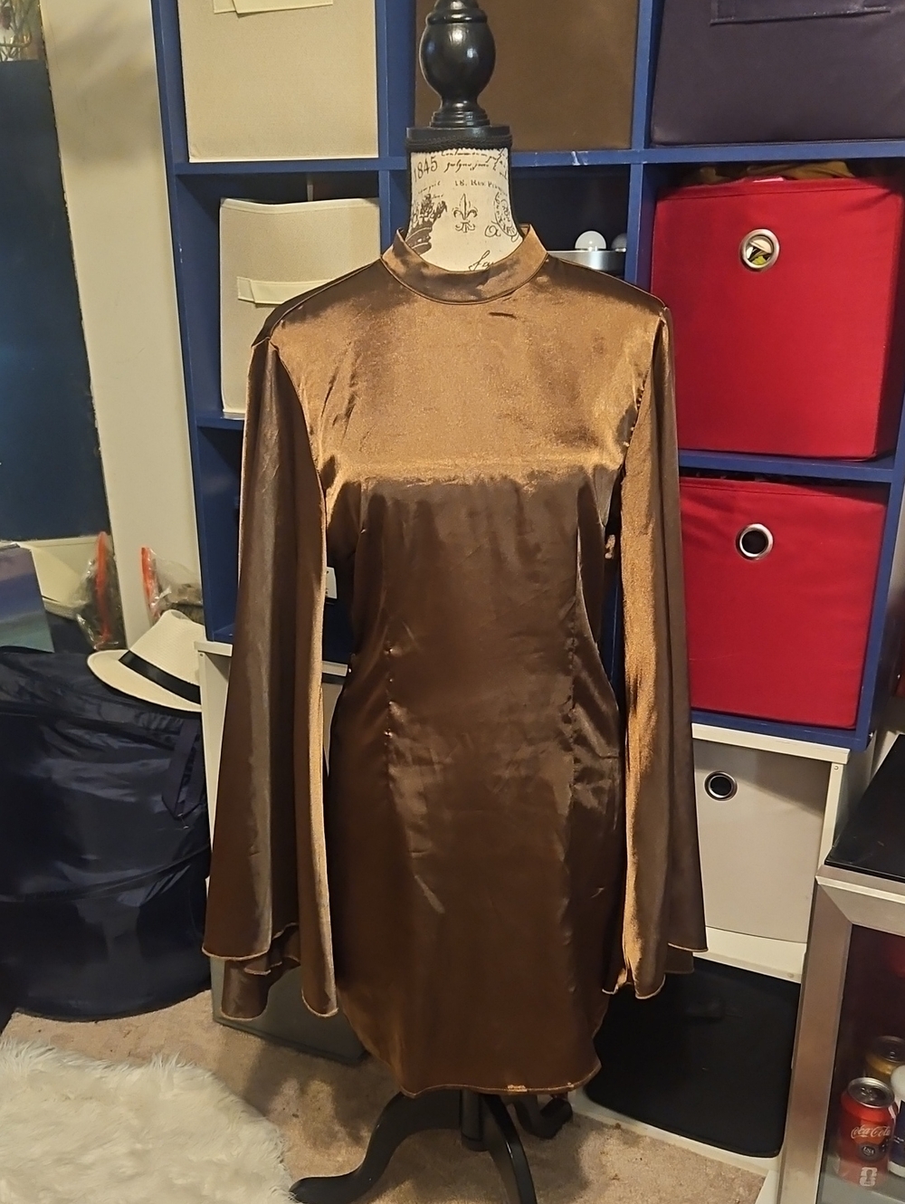 Satin Long-Sleeve Mini Dress in Brown